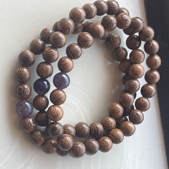 Sandalwood amethyst beaded bracelet ONE NEW stretch reiki meditation yoga - Picture 4 of 11